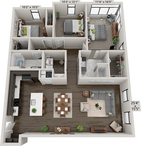 Floor plan for 3 beds, 2 baths, 1414 sqft